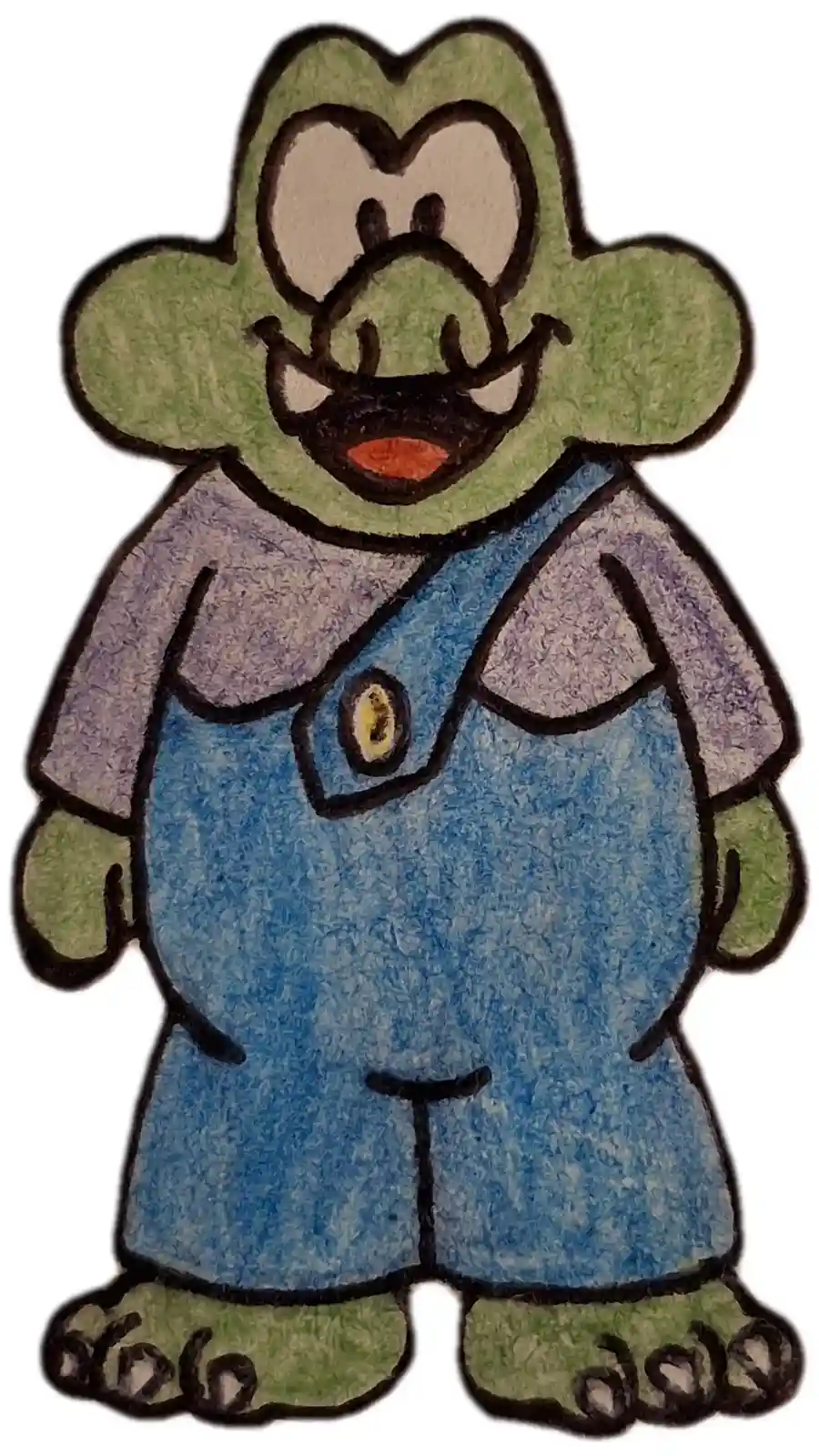 A hand-drawn cartoon frog with a wide, toothy grin, wearing blue overalls over a purple shirt. The frog has large…