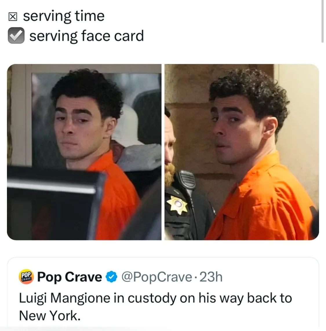 Two side-by-side photos show Luigi Mangione in an orange prison jumpsuit, looking somber in the left image and surprised in…