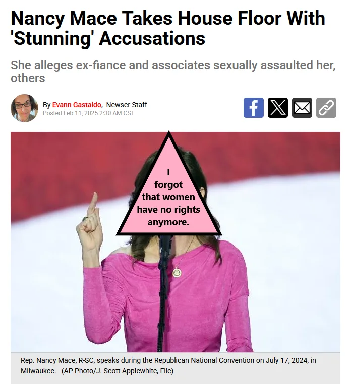 A screenshot of a news article about Rep. Nancy Mace speaking at the Republican National Convention, with a pink triangle…