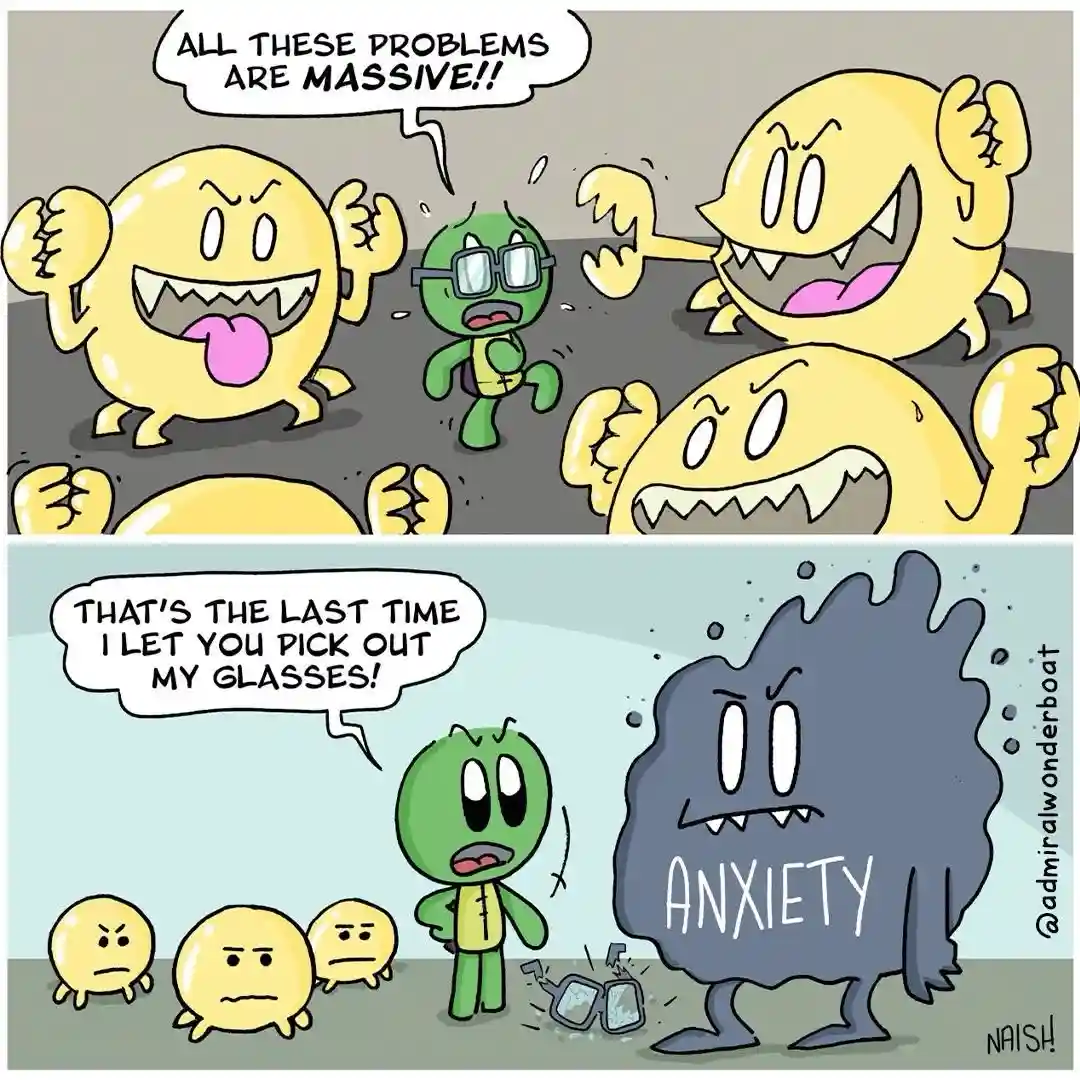 A two-panel comic shows a small green character with glasses surrounded by angry yellow monsters shouting 'ALL THESE…