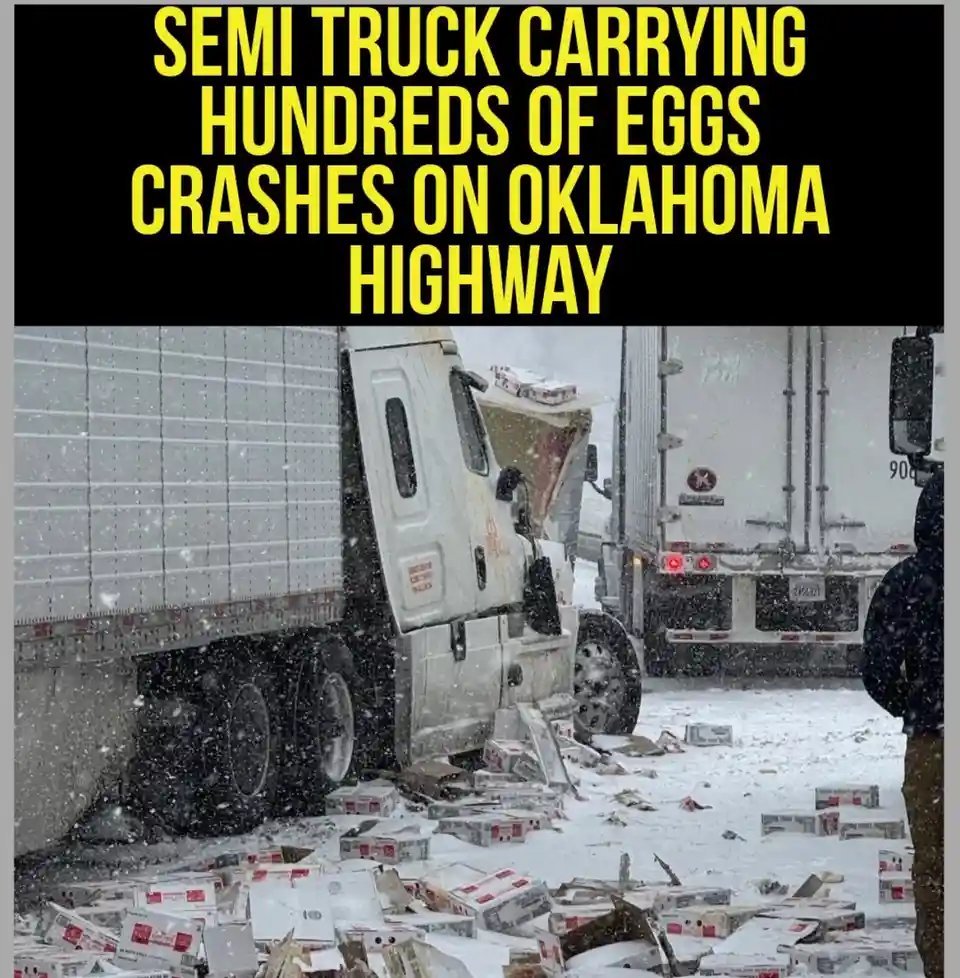 A white semi-truck is shown in a snowy crash scene on a highway, with its trailer damaged and hundreds of cardboard egg…