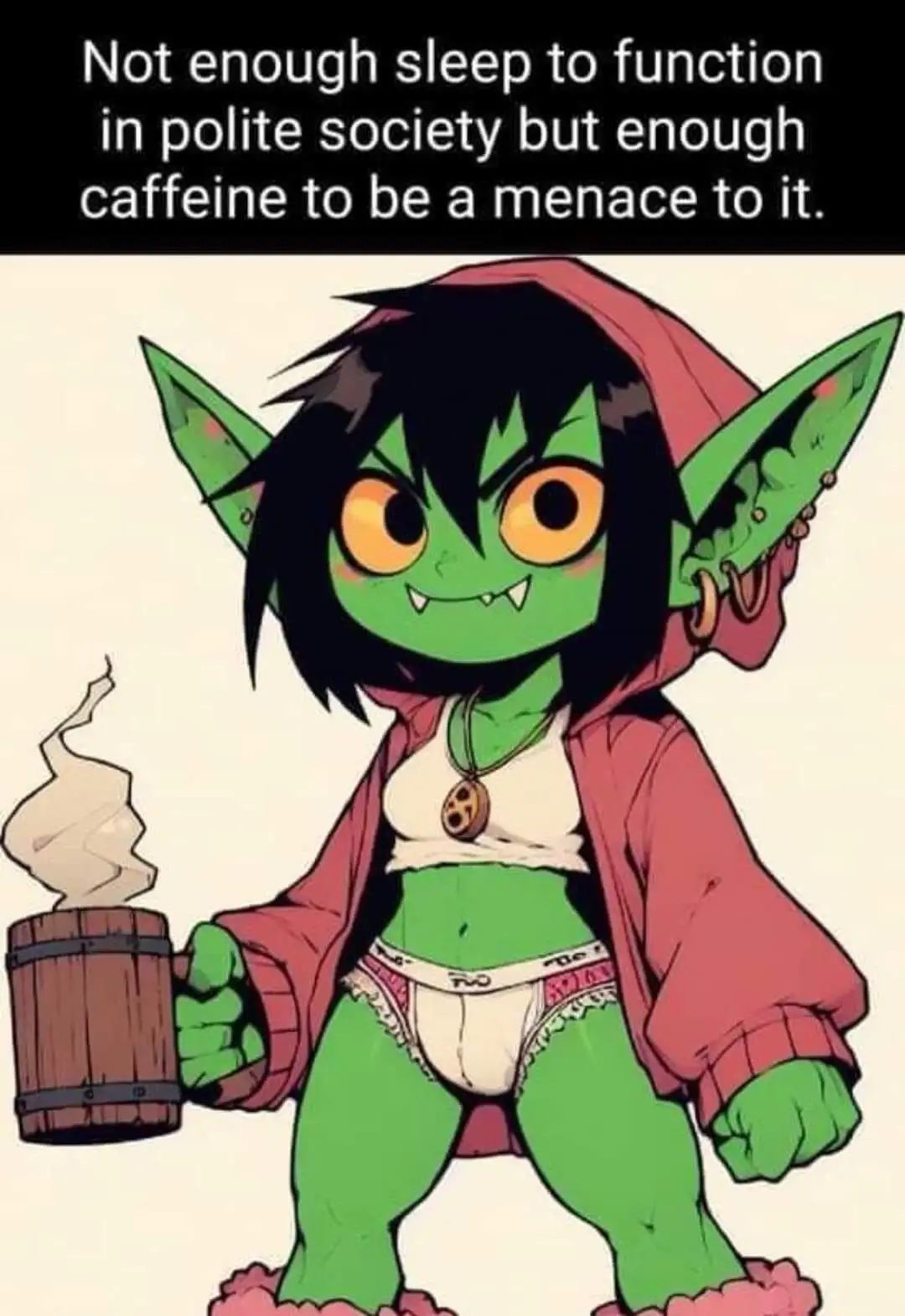 A green-skinned, cartoonish goblin-like character with large pointed ears, black hair, and fangs, wearing a red hooded…