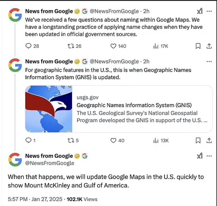 A screenshot of three tweets from 'News from Google' explaining how Google Maps updates place names based on official U.S…