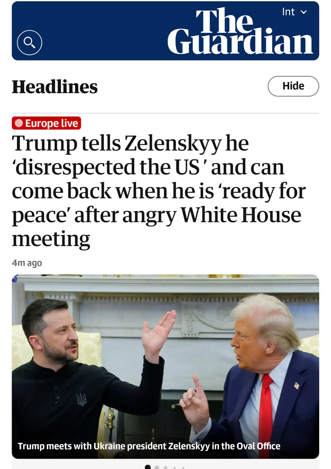 A screenshot of The Guardian's news app shows a headline about Trump telling Zelenskyy he 'disrespected the US' and can…