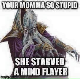 A dark-skinned, multi-limbed mind flayer creature in ornate purple robes is shown holding a human-like figure in its clawed…