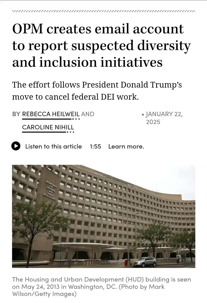 A screenshot of a news article with the headline 'OPM creates email account to report suspected diversity and inclusion…
