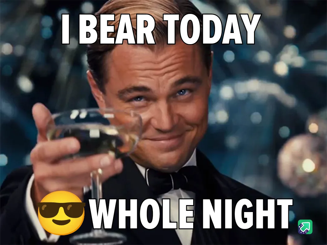 A man in a tuxedo holding a glass of champagne smiles confidently at the camera. White bold text reads 'I BEAR TODAY' at the…