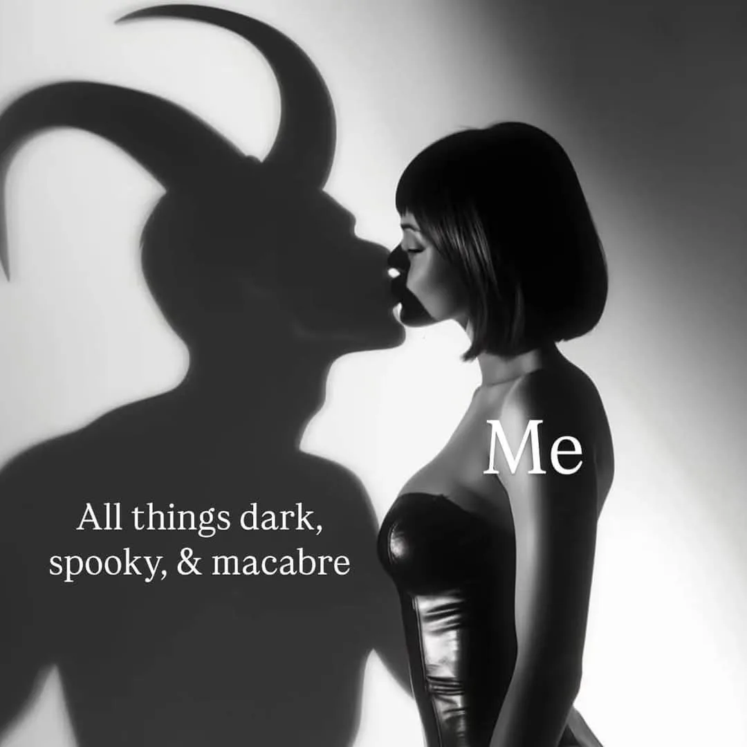 A black-and-white photo shows a woman in profile, labeled 'Me', kissing a shadow cast on the wall behind her. The shadow is…