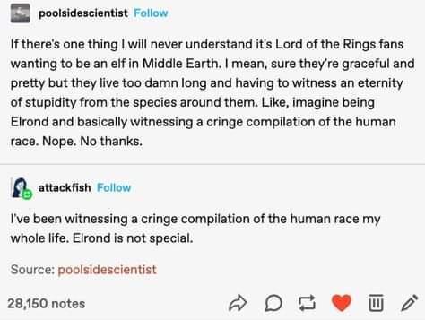 A screenshot of a Tumblr post where user 'attackfish' replies to 'poolside scientist' who complains about Lord of the Rings…