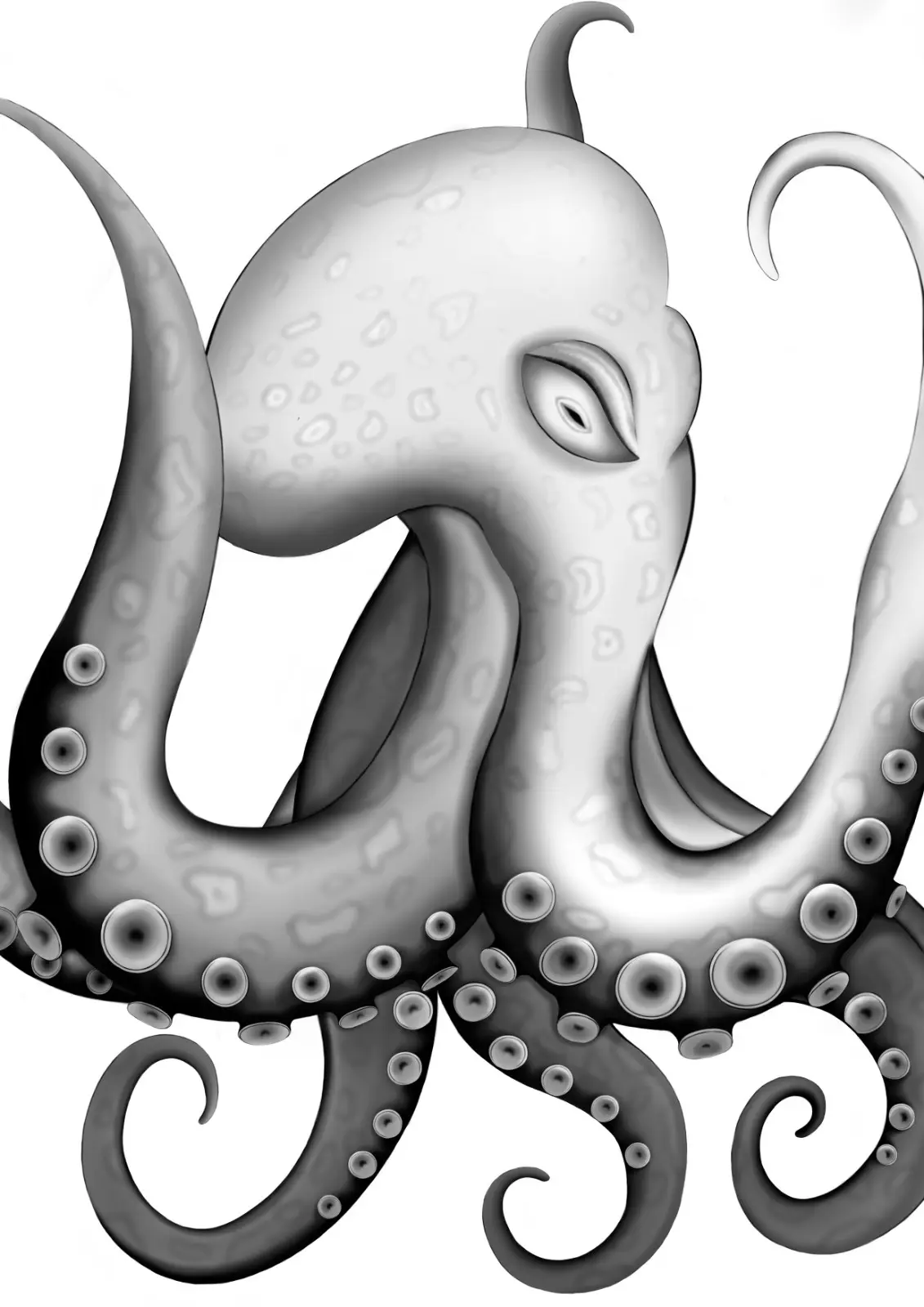 A grayscale illustration of an octopus with one eye closed in a smug or sleepy expression, its tentacles curled and adorned…