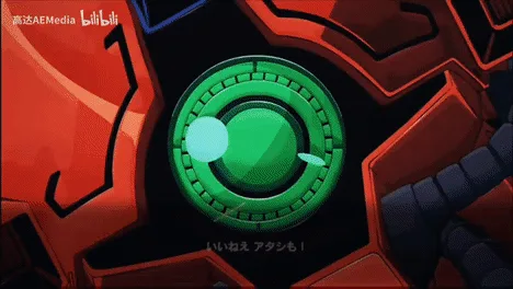 A six-panel anime sequence from a Gundam show, showing a red mech's targeting system activating, its arm firing a beam, a…