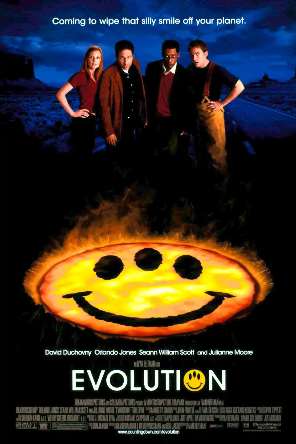 A movie poster for 'Evolution' shows four actors standing in a desert at night, looking serious. Below them is a large…