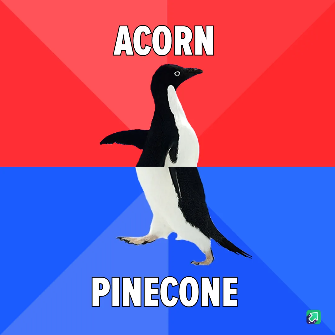 A penguin is split vertically down the middle, with the top half against a red background labeled 'ACORN' and the bottom…