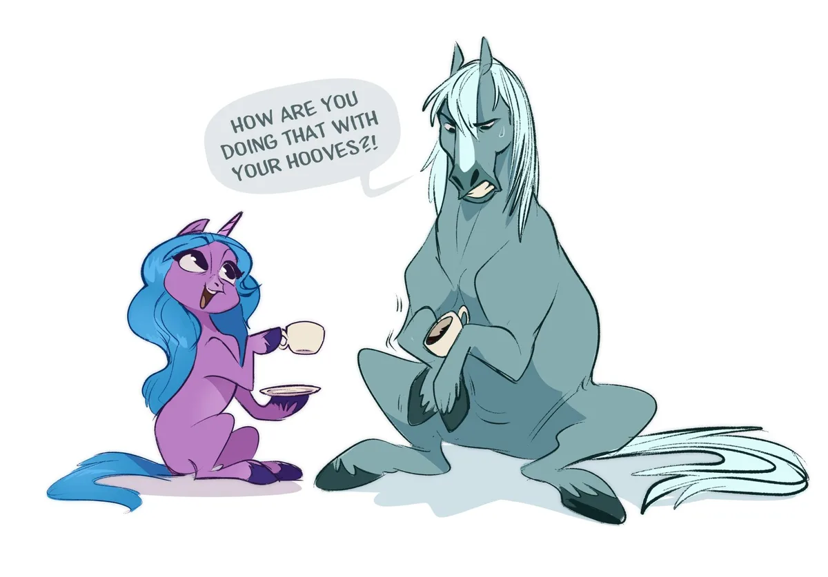 A purple unicorn with blue hair and a horn sits holding a teacup and saucer, looking amazed at a large grey horse with white…