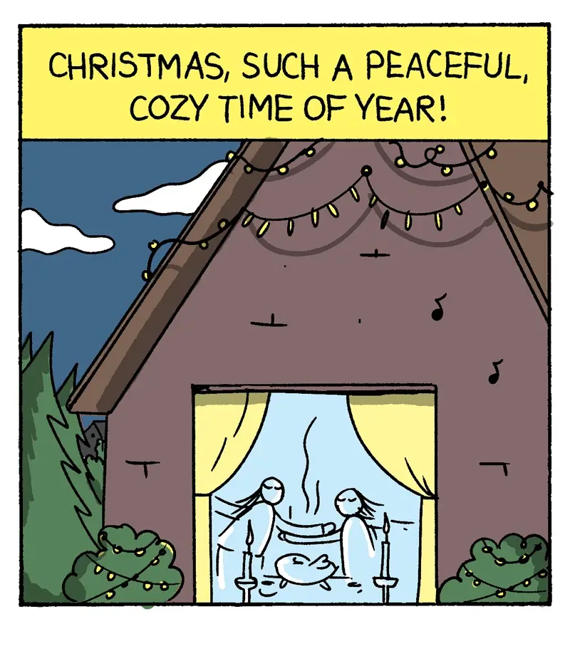 A cartoon depicts a cozy house at night with string lights on the roof and bushes, viewed from outside. Through the window…