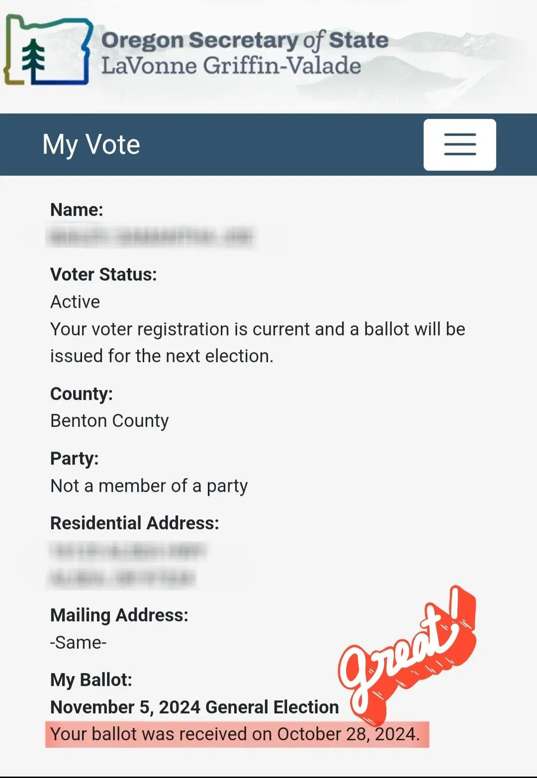 A screenshot of the Oregon Secretary of State's 'My Vote' online portal showing a voter's registration status as 'Active'…