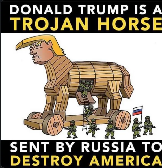 A cartoon depicts a wooden Trojan horse with Donald Trump's face on its head. Soldiers in green uniforms climb out of an…