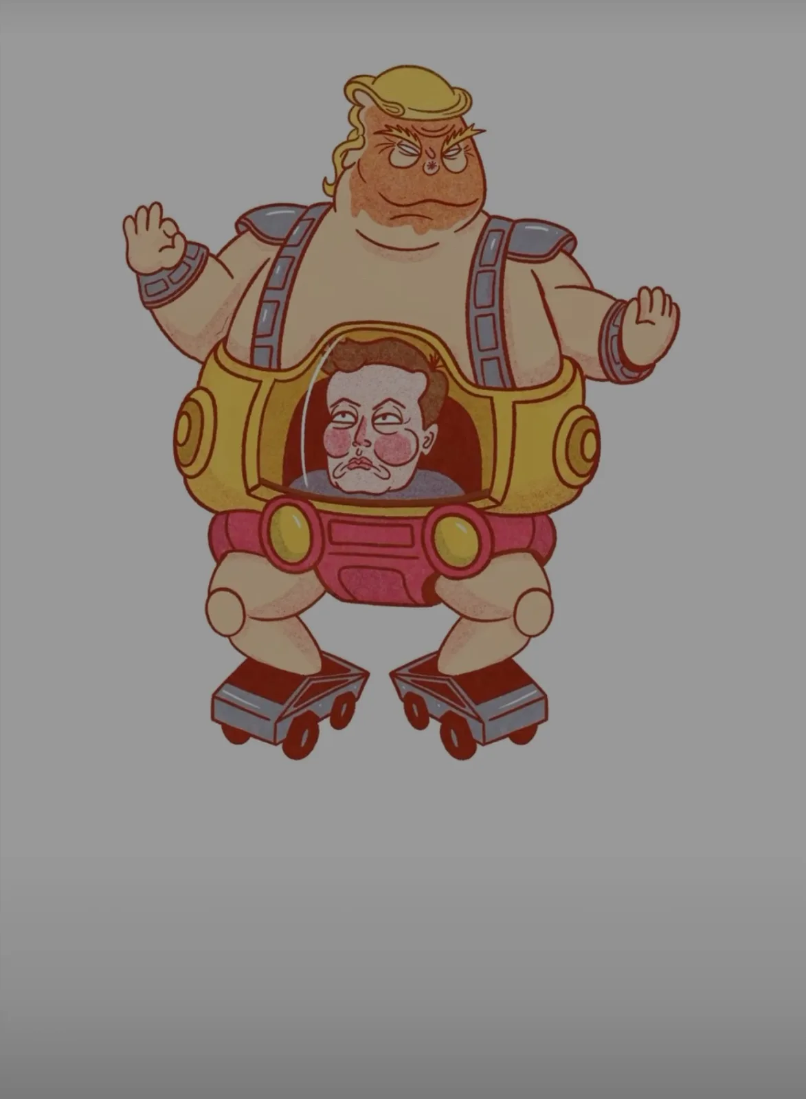 A cartoonish, muscular, angry-looking character with a blonde wig and a stern expression is depicted wearing a bulky, yellow…