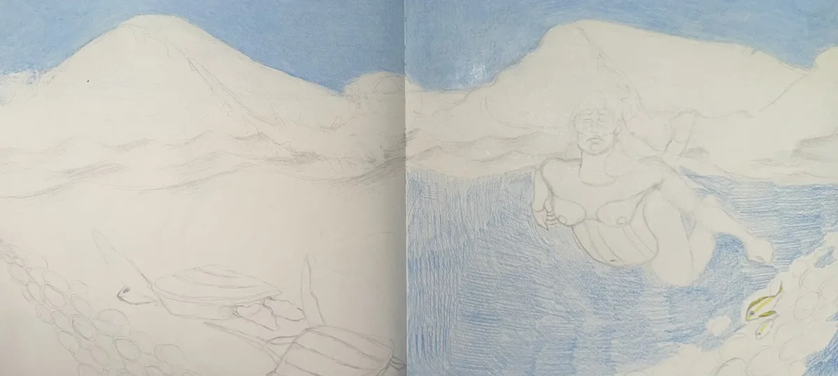 The image displays two adjacent panels of a sketchbook. The left panel shows a pencil sketch of a turtle and coral reef…