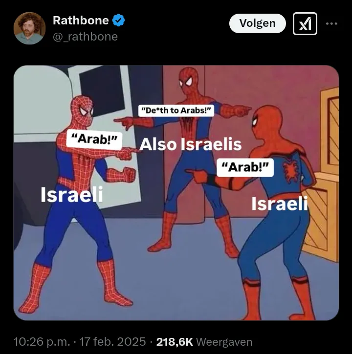 Three cartoon Spider-Man characters are shown pointing and shouting. The left and right Spider-Men shout 'Arab!' while the…