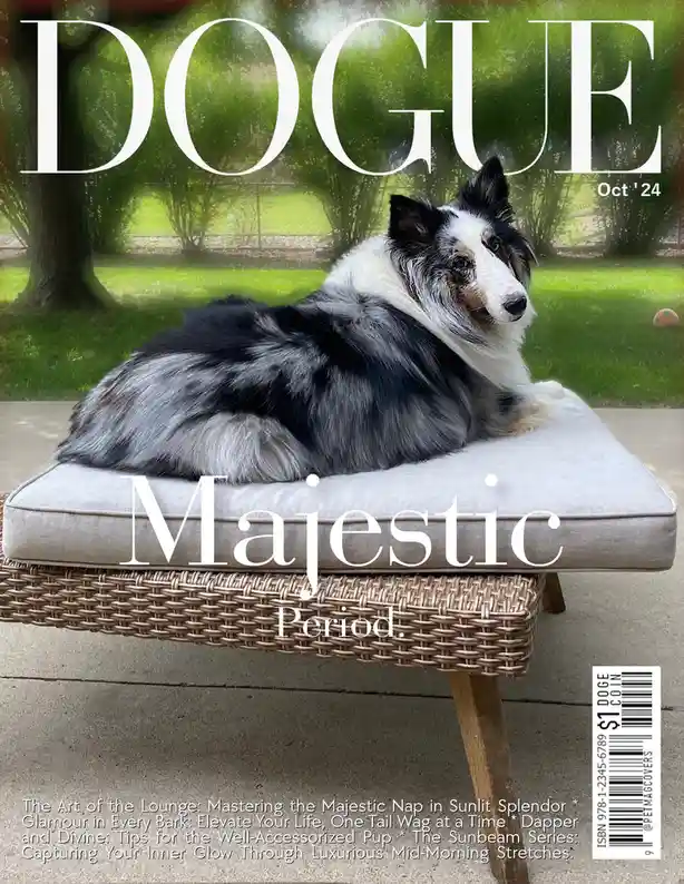 A black, white, and tan dog with fluffy fur lounges regally on a wicker ottoman outdoors, styled as a magazine cover. The…