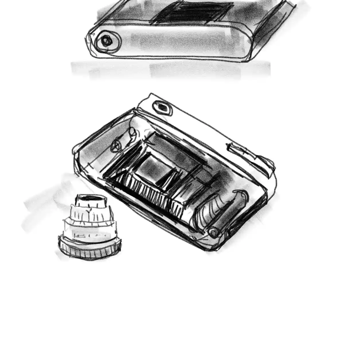 A black-and-white sketch shows a closed, sleek, modern-looking device at the top and an open, complex-looking device with…