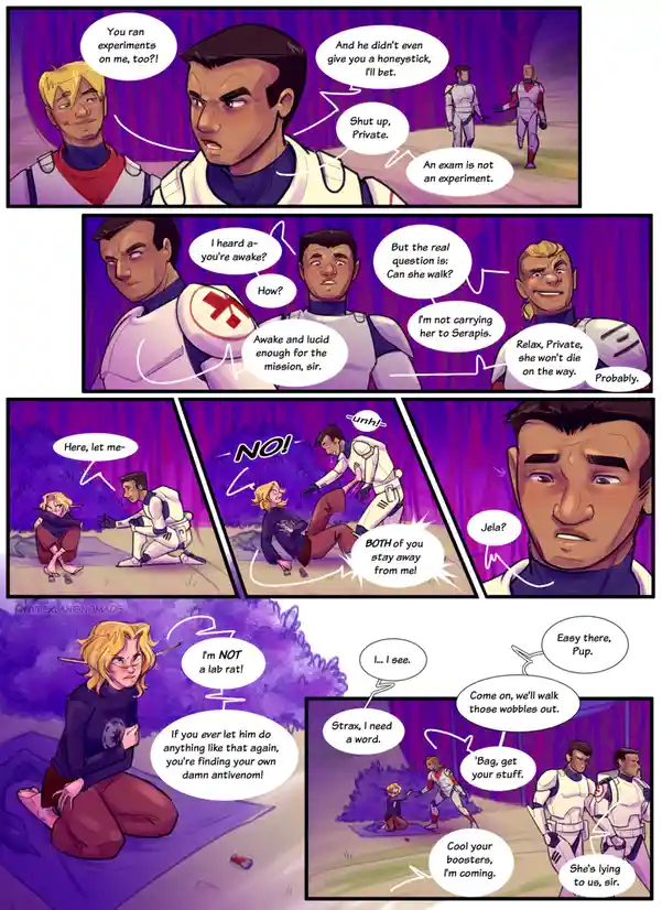A four-panel comic strip from 'Hyperlane Nomads' depicts a tense sci-fi scenario where a character, Jela, awakens after…