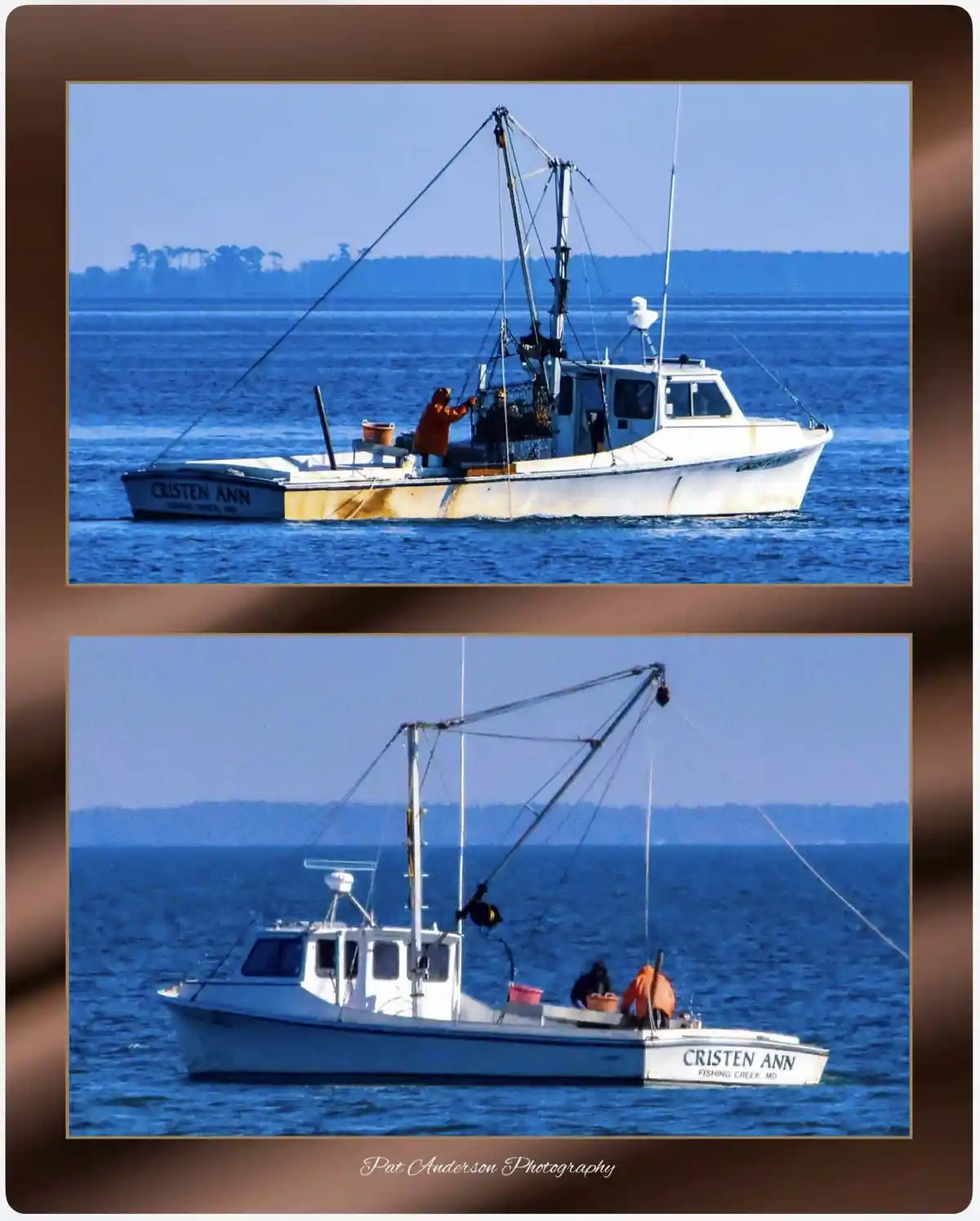 Two photos of the same white fishing boat named 'CRISTEN ANN' from Fishing Creek, MD, shown side-by-side. The top image…