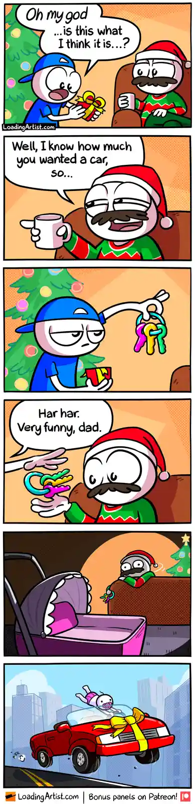 A five-panel comic shows a child excitedly opening a Christmas gift from their dad, who is wearing a Santa hat and elf…