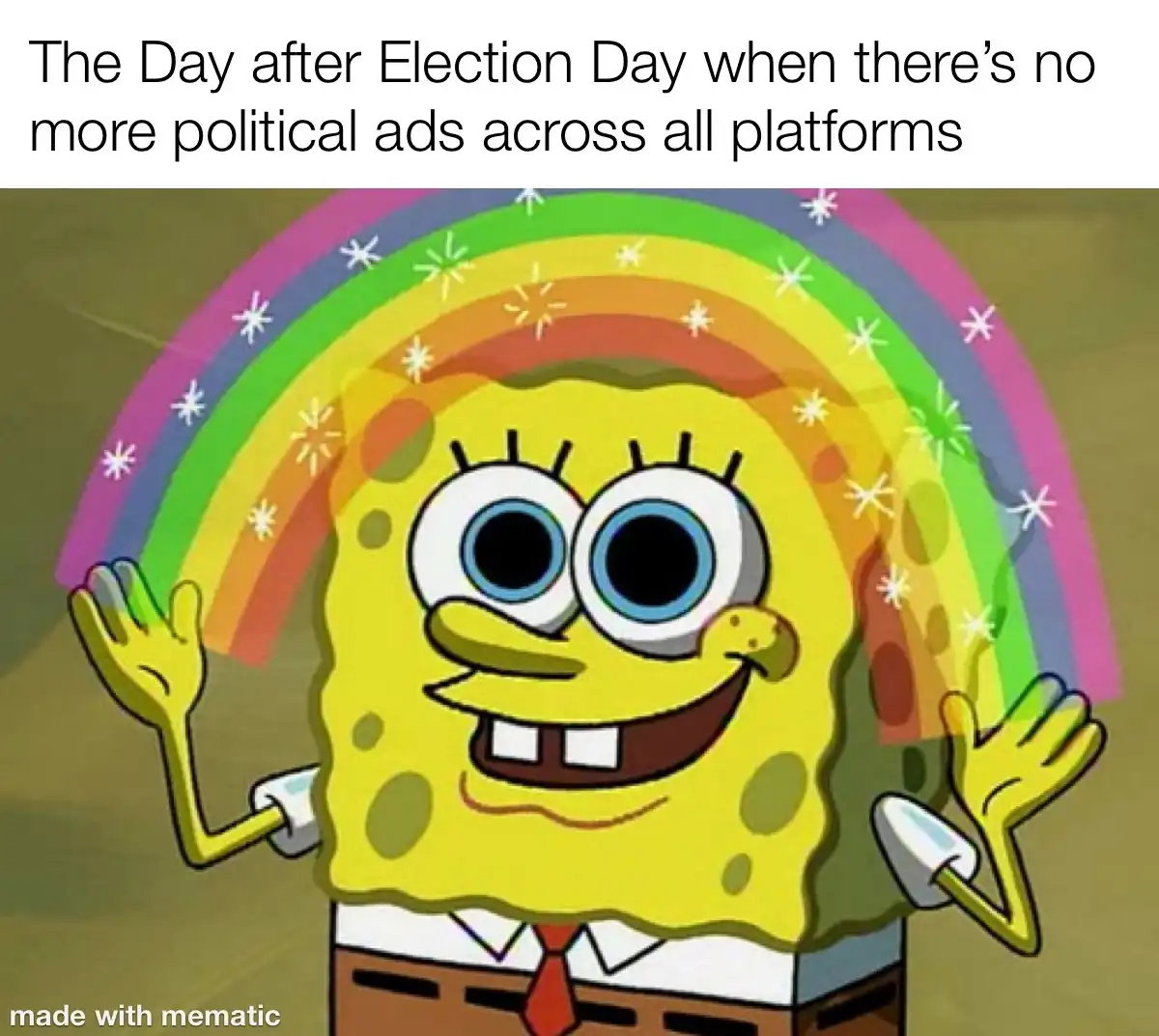 The image shows the cartoon character SpongeBob SquarePants with a wide, joyful smile and arms raised in celebration…