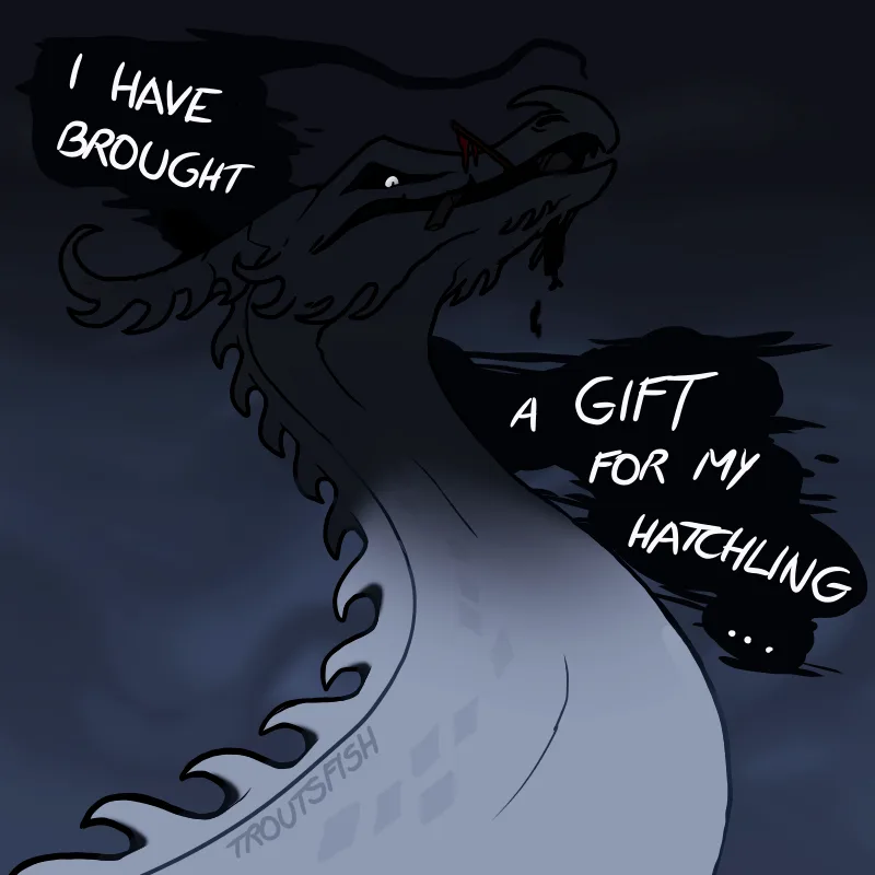 A dark, stylized dragon with a long, sinuous body is shown against a murky blue background. The dragon's head is on the…
