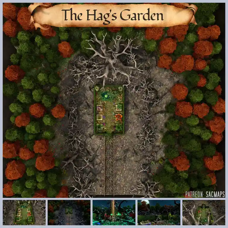 An overhead fantasy map titled 'The Hag's Garden' shows a small, vibrant rectangular garden with a stone path leading to it…