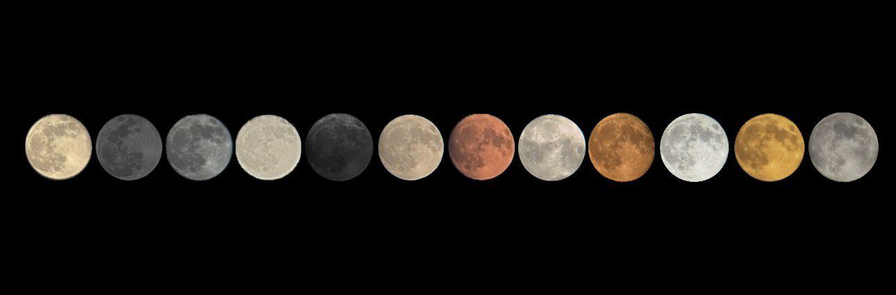 A horizontal row of ten different moon phases or appearances, varying in color from pale yellow to dark gray and…