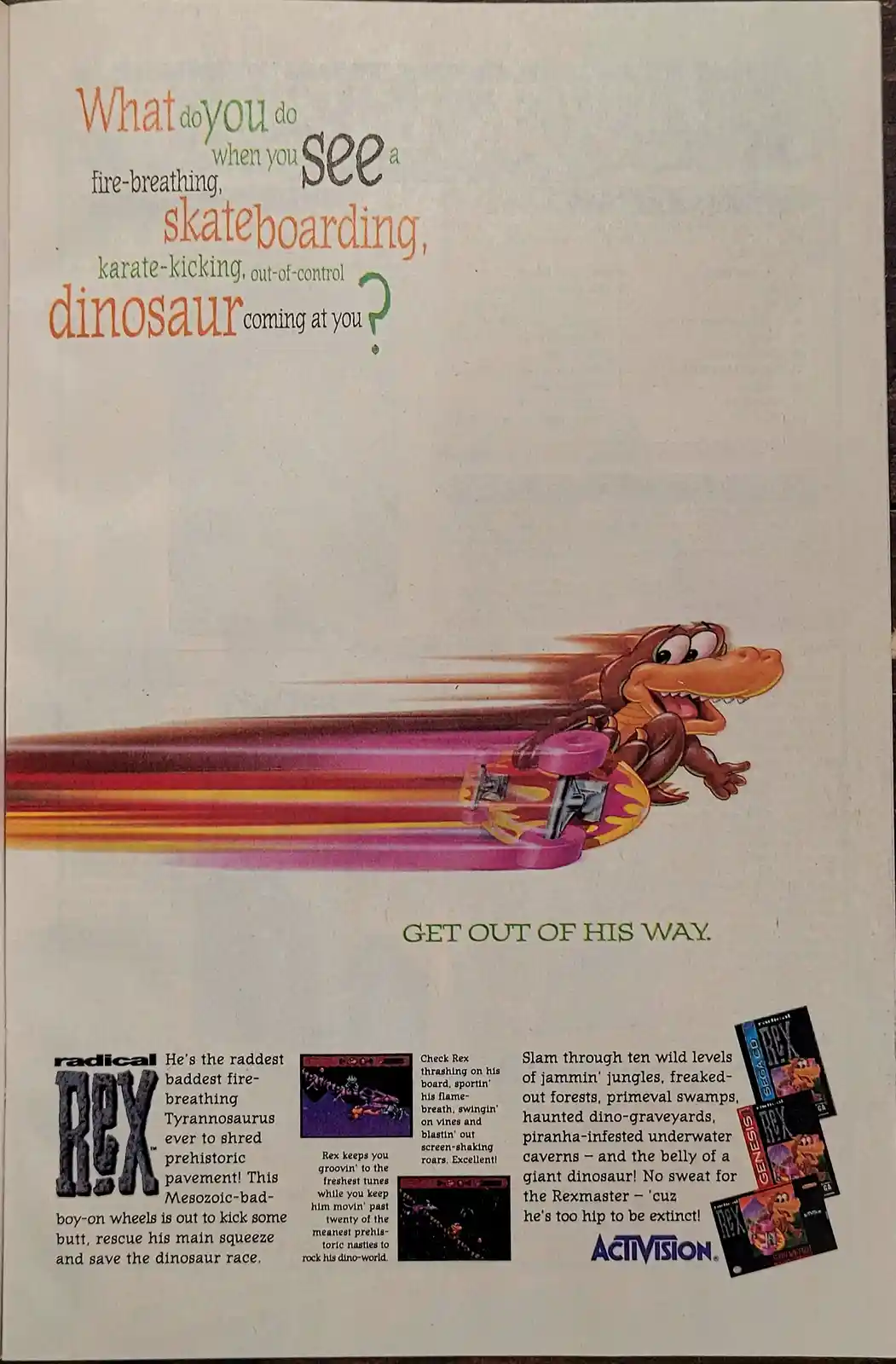 An advertisement for the video game 'Radical Rex' shows a cartoon Tyrannosaurus Rex riding a skateboard with motion blur…