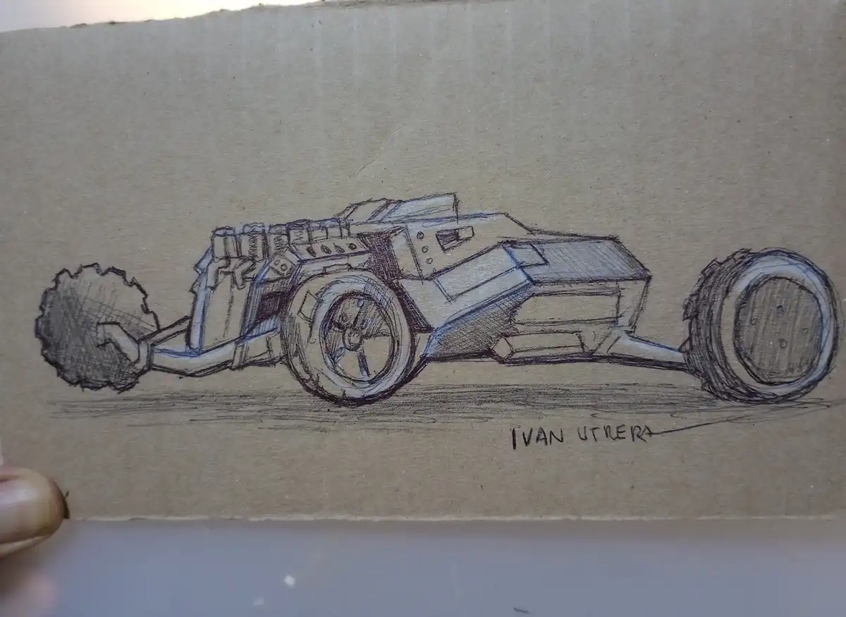 A hand-drawn pencil sketch on brown paper depicts a futuristic, angular, low-profile vehicle with large wheels and a…
