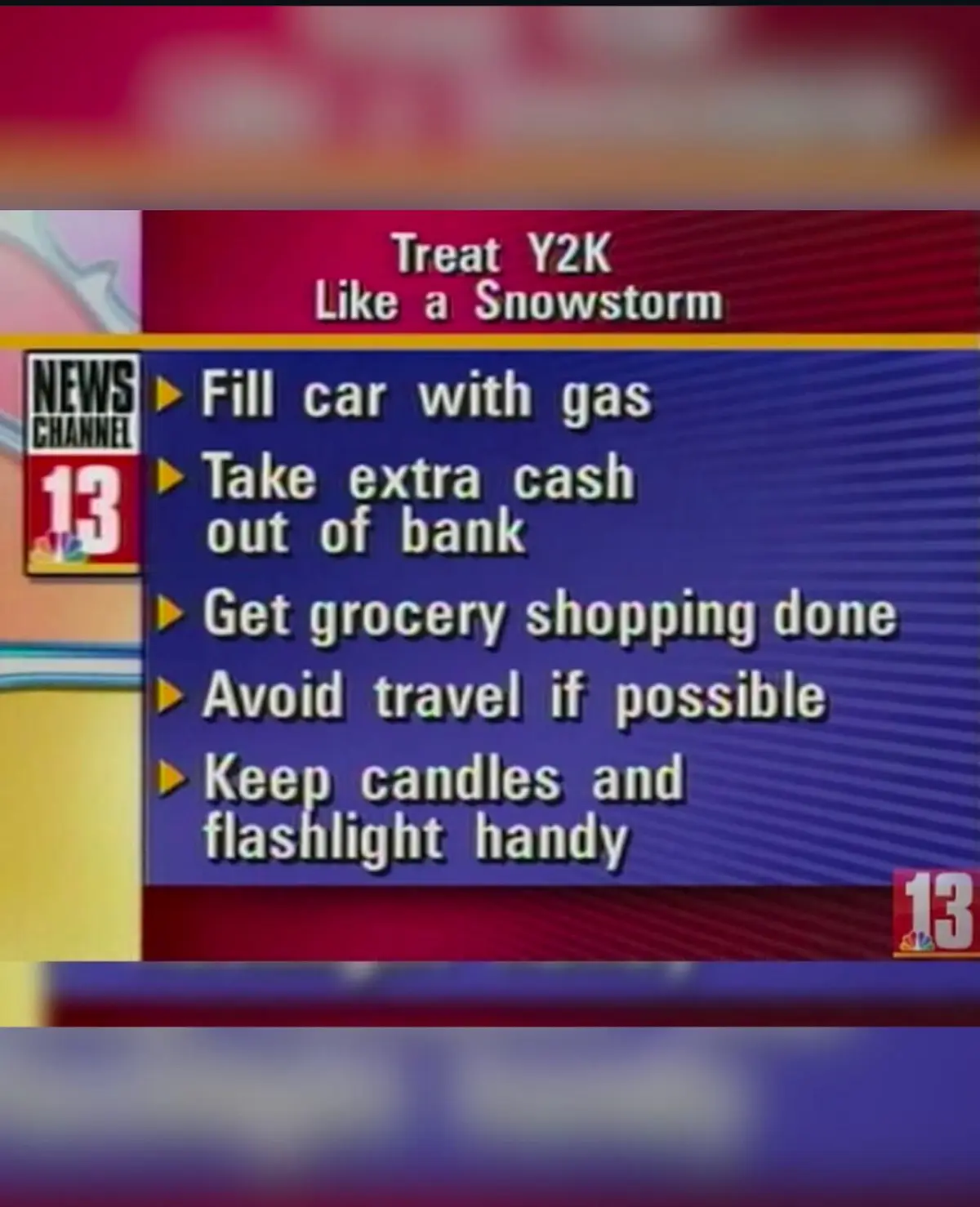 A screenshot of a 1990s news broadcast from News Channel 13, displaying a list of preparedness tips for the Y2K bug under…