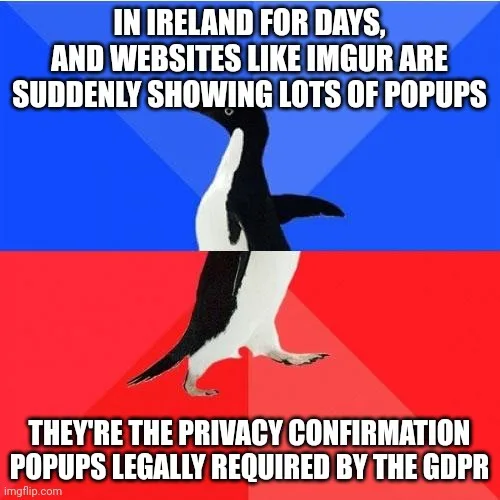 A penguin walks down a red and blue diagonal split background. White bold text at the top reads 'IN IRELAND FOR DAYS, AND…