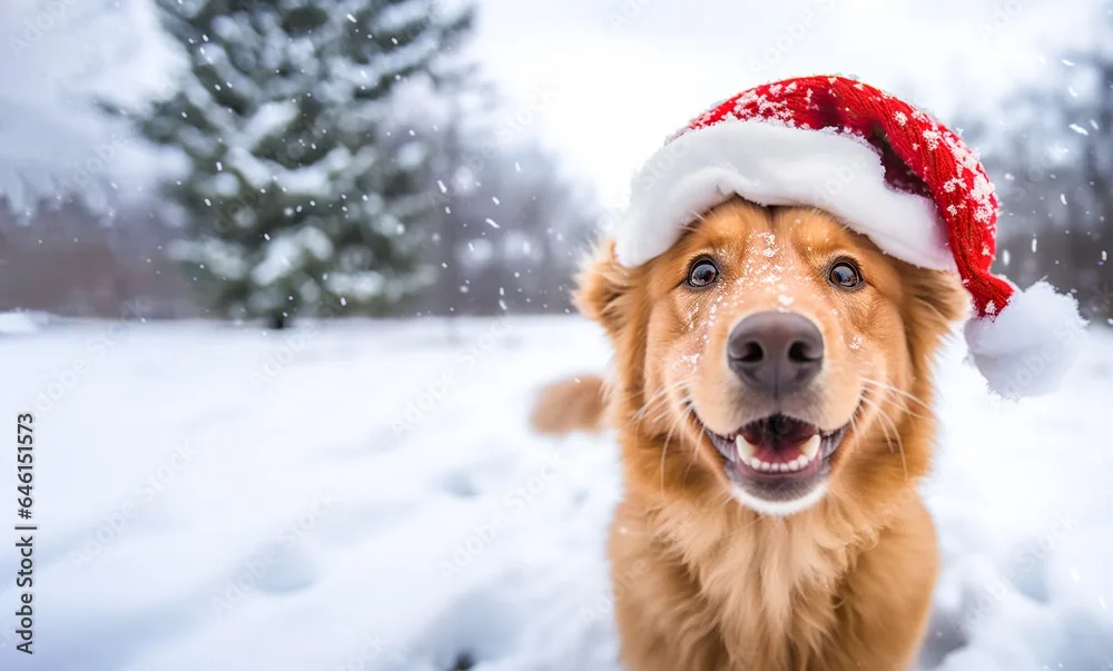 A golden retriever with a joyful, open-mouthed expression stands in a snowy outdoor setting, wearing a red and white Santa…