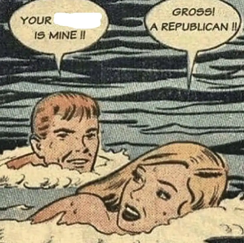 A vintage comic book panel shows a man and woman in a swimming pool, both with speech bubbles. The man's bubble says 'YOUR…