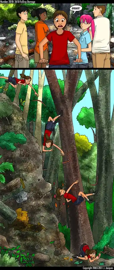 The top panel shows five cartoon teens in a forest, one screaming 'SNAKE!' as they look at a small snake. The bottom panel…