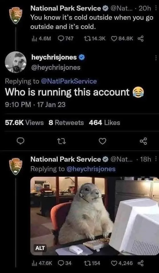 A screenshot of a Twitter thread shows the National Park Service posting a basic weather observation. A user replies asking…