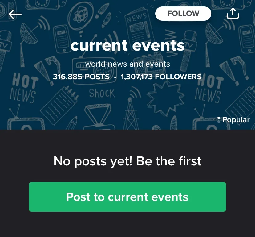 A screenshot of a social media profile named 'current events' with a dark blue background filled with white line drawings of…