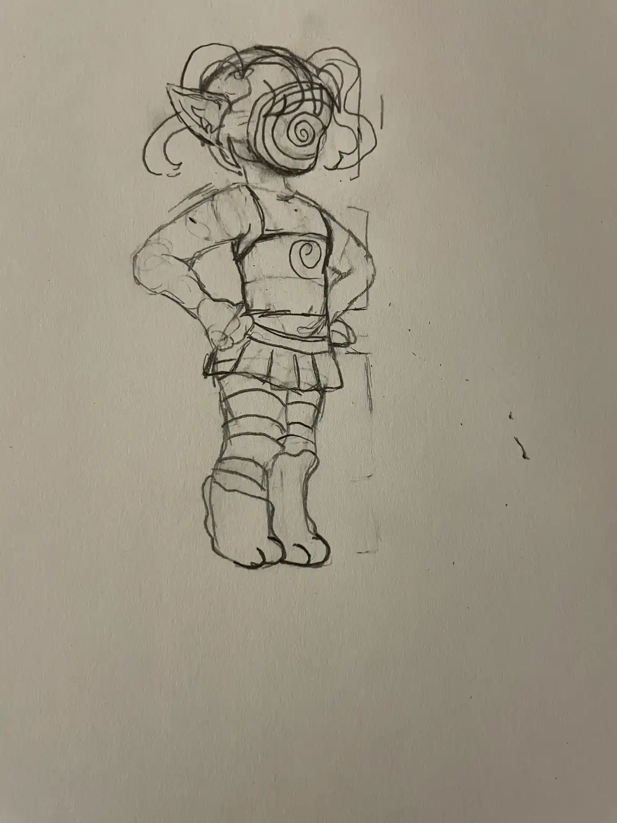 A rough pencil sketch of a cartoonish, anthropomorphic tiger-like character with spiral patterns on its face and chest…