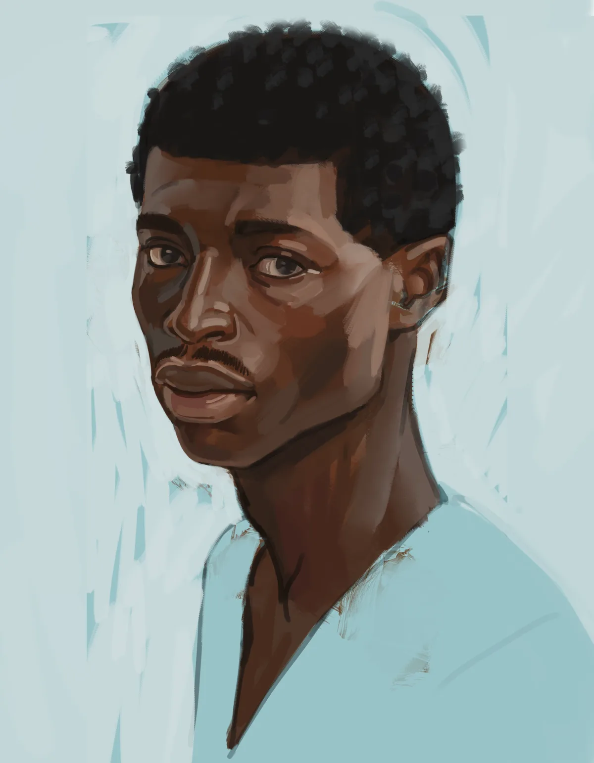 A digital painting of a Black man with short curly hair and a mustache, wearing a light blue collared shirt, looking…