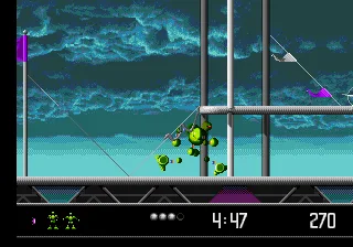 Six sequential frames from a retro-style shooter game show a player's ship being progressively destroyed by enemy fire, with…