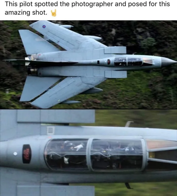 The image shows two photos of a grey military jet in flight. The top photo shows the full aircraft flying over green hills…