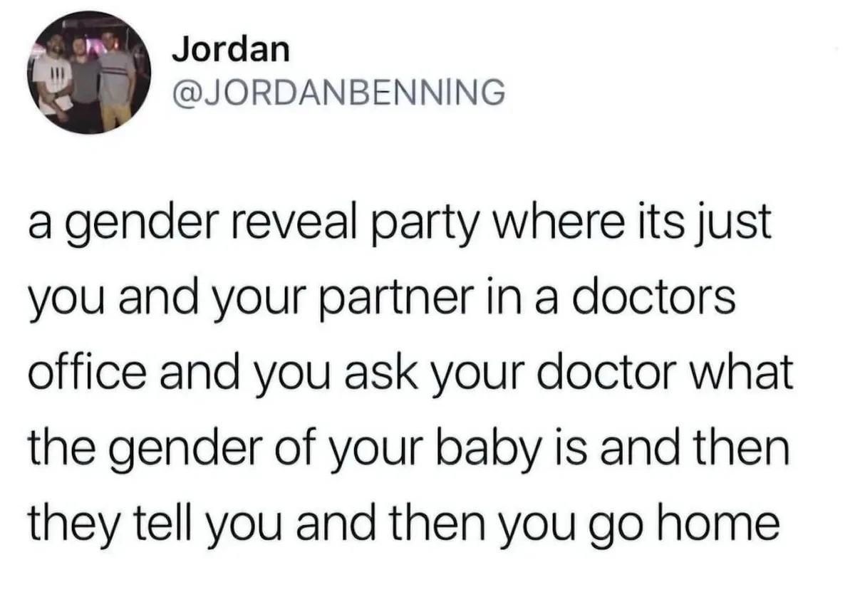 A screenshot of a tweet by Jordan @JORDANBENNING showing a block of text describing a gender reveal party that is just the…