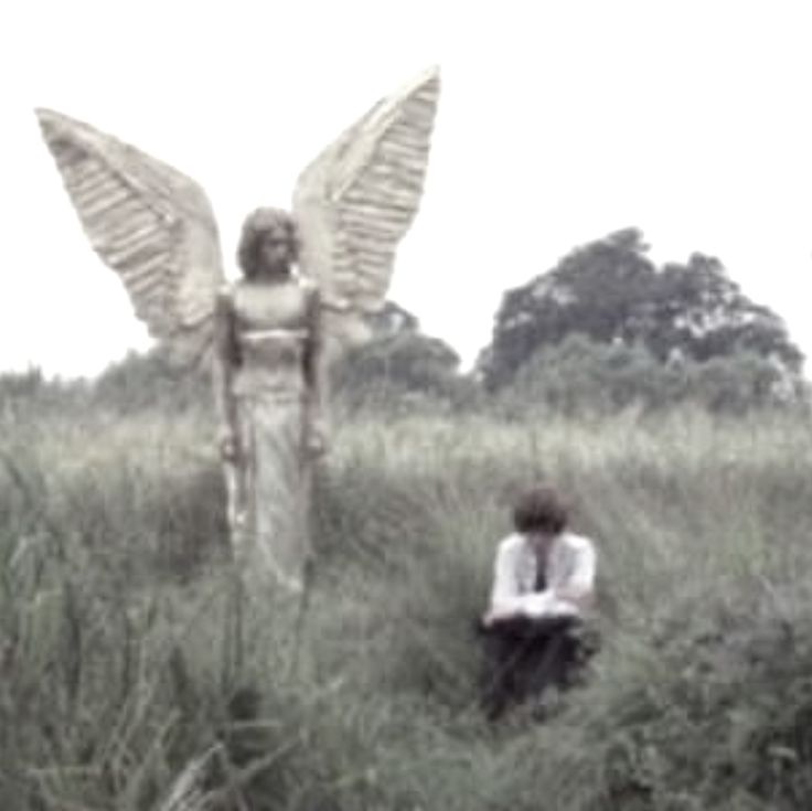 A grainy, black-and-white photo shows a large angel statue with spread wings standing in a field of tall grass, while a…