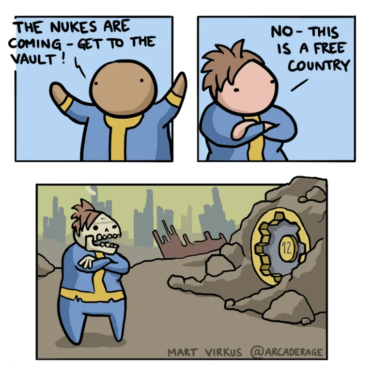 A three-panel comic strip featuring a character in a blue and yellow vault jumpsuit. In the first panel, a bald man shouts…