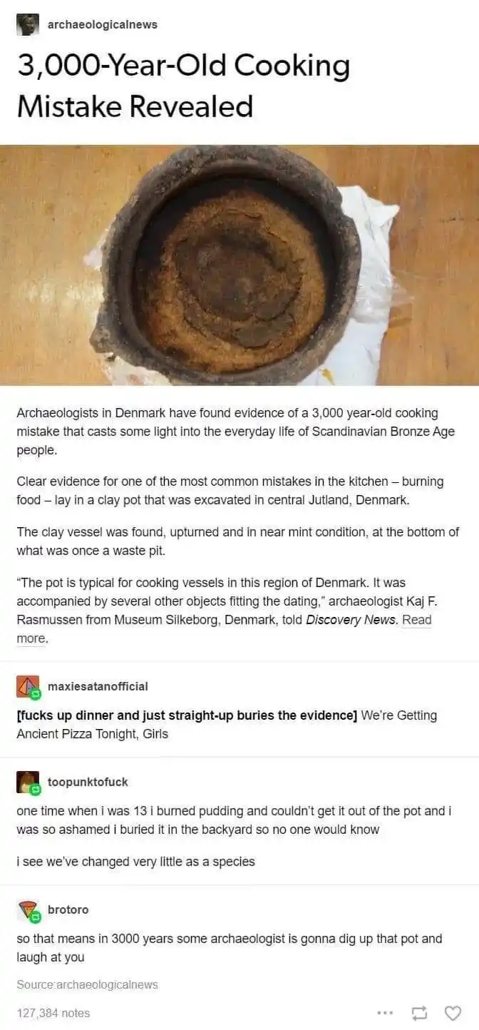An image of a 3,000-year-old clay cooking pot with a large, dark, burnt residue in its center, overlaid with text from a…